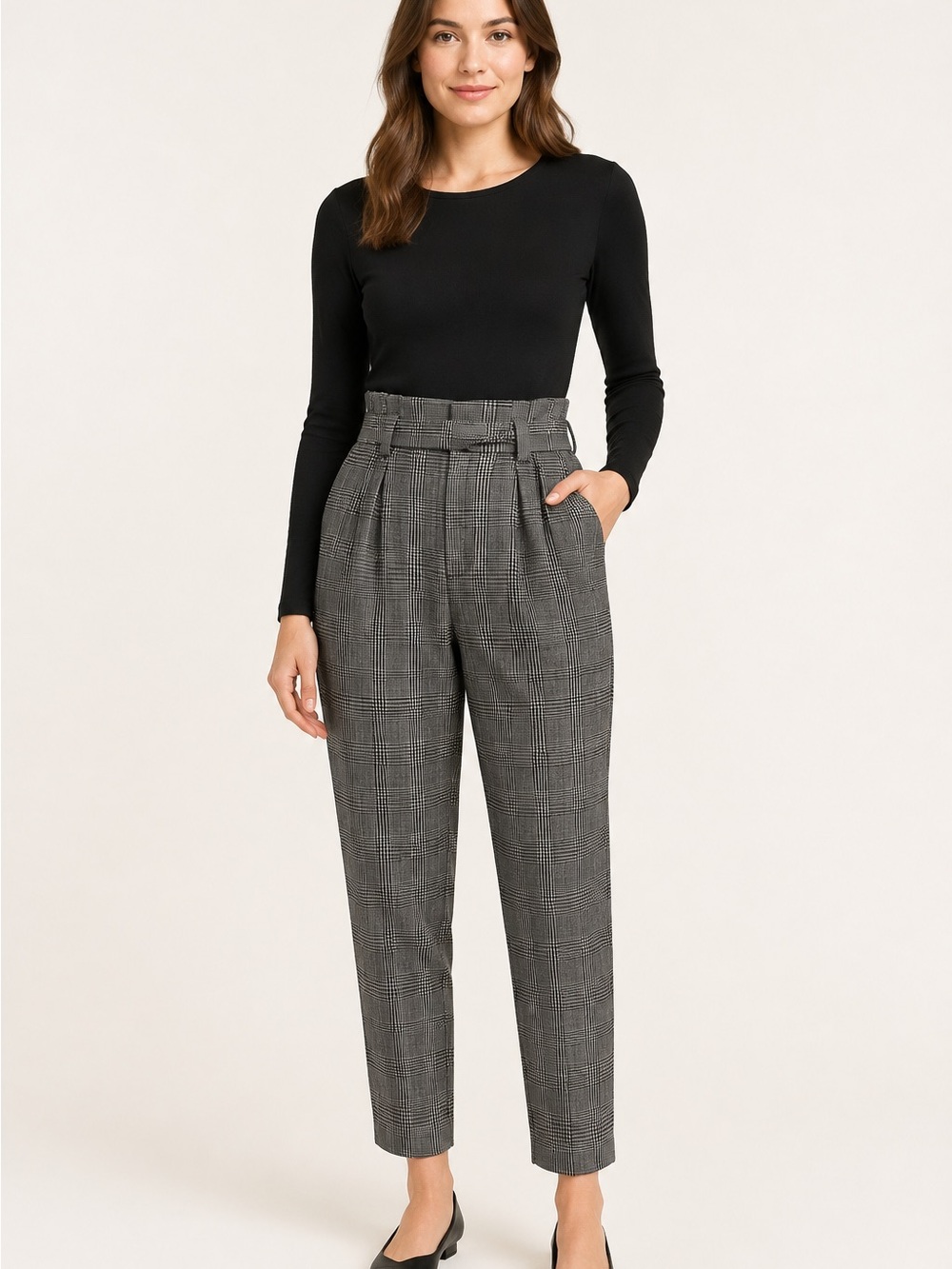 H&M Grey Plaid Paperbag Waist Belted Pants Size 10